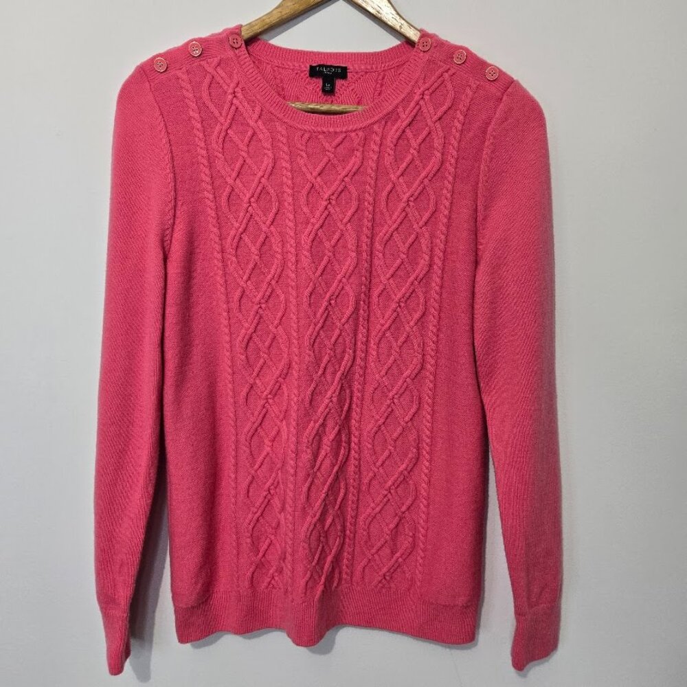 Talbots Womens Pink Lambswool Blend Cable Knit Sweater Sz L Petite Preppy Luxury
